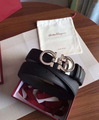 Buy Replica -Ferragamo  Black Leather Belt  with Silver Logo buckle Steel Buckle 3.5cm